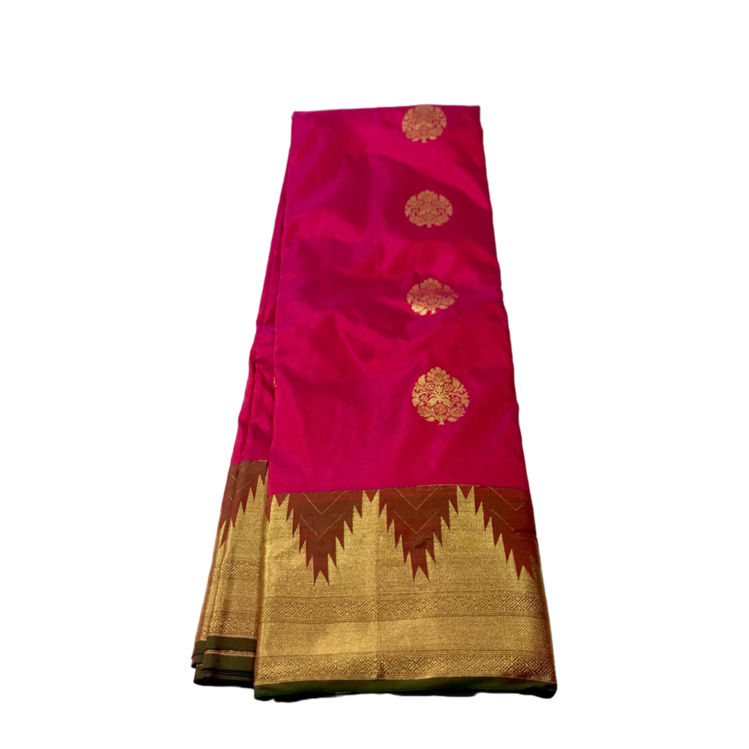 Pure kanchivaram Silk Saree Pink Colour with Dark Green with Gopuram  Border