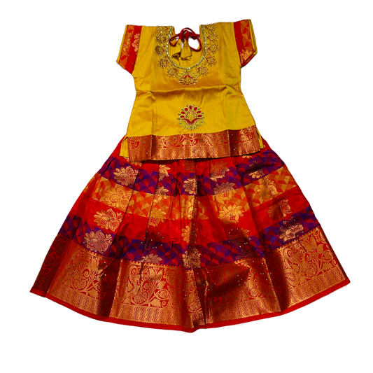 Ready To Wear Dual Shade Pavadai with contrast Golden Yellow Blouse - 2 Year Baby