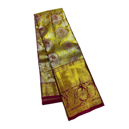 Golden shade Soft kanchi pattu with Maroon and Golden Border Flower Design