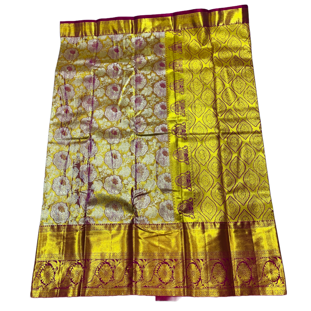 Golden shade Soft kanchi pattu with Maroon and Golden Border Flower Design