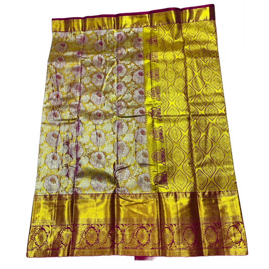 Golden shade Soft kanchi pattu with Maroon and Golden Border Flower Design