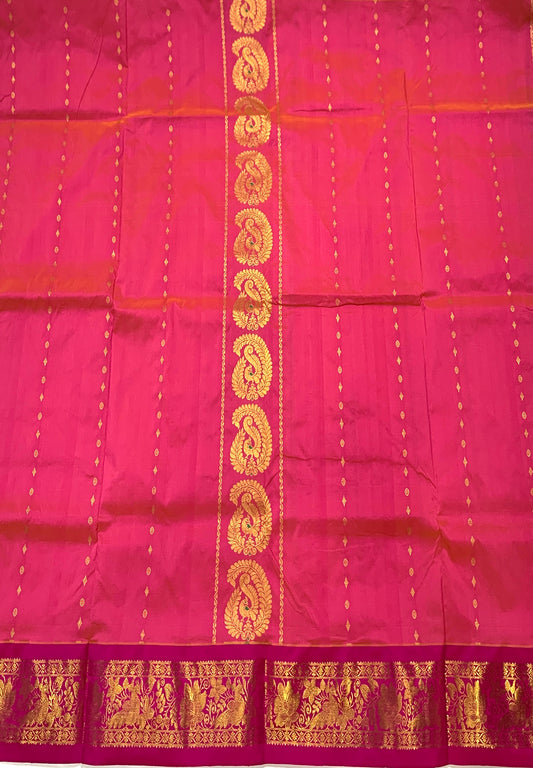 Golden Pink shade vegan silk Kids Pattu Pavadai with Contrast border with Flower with Peacock design (Size-20)Above 10 years