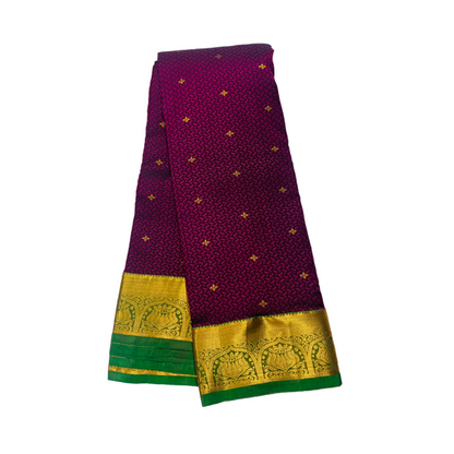 Purple shade Semi Silk Saree with Green Border with Lotus Design