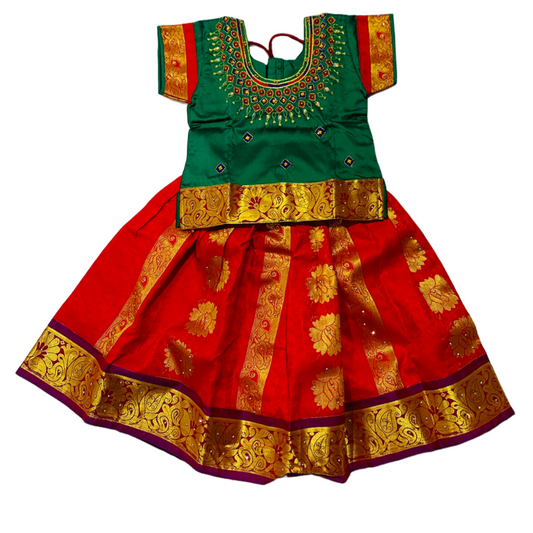 Ready To Wear Red Pavadai with contrast Green Blouse - 2 Year Baby