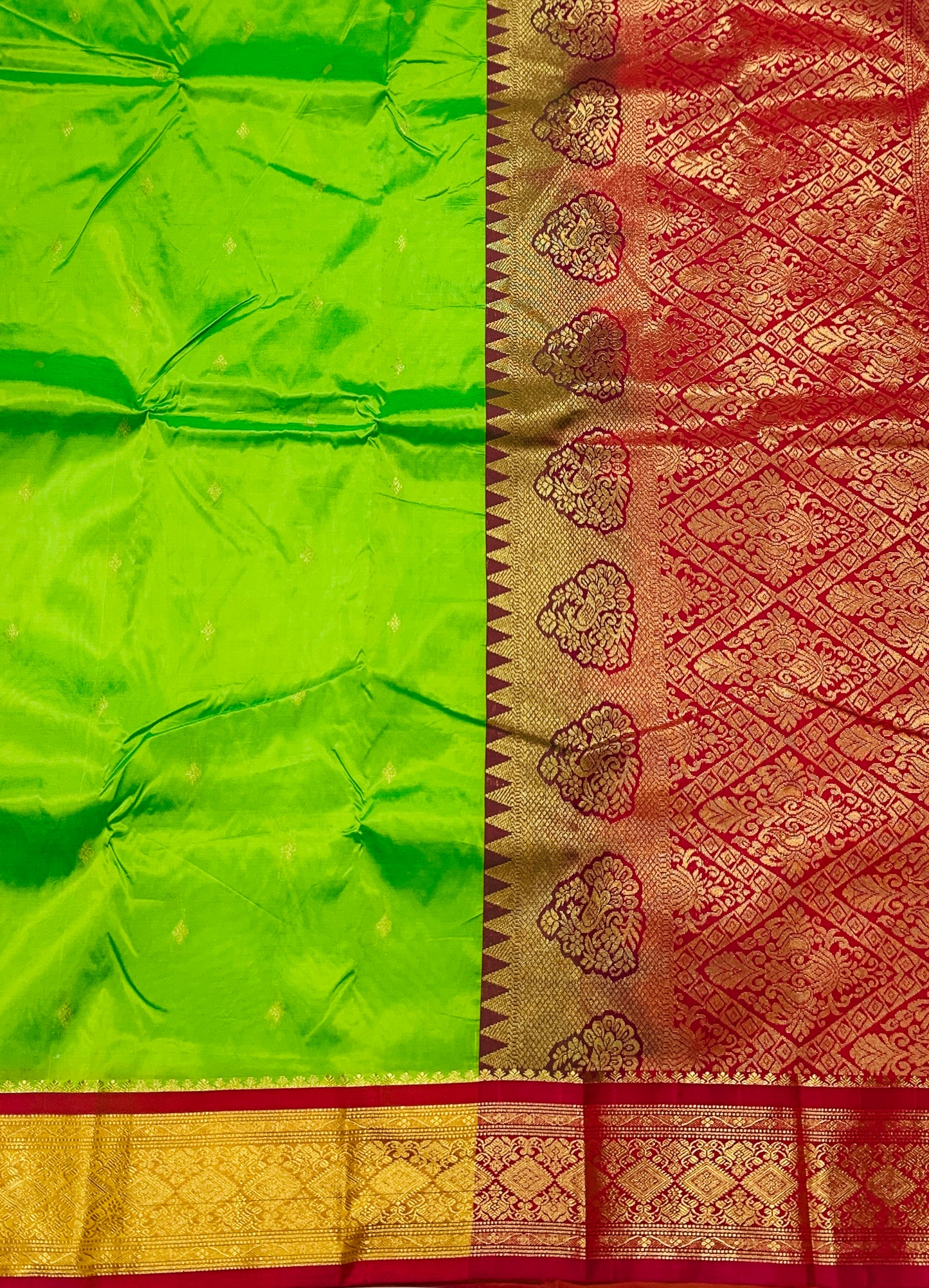 Apple Green shade saree with Golden and Red Border