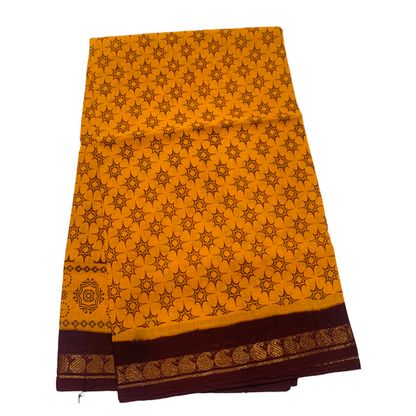 Chettinad Sungudi Cotton Mango Yellow Printed  Saree