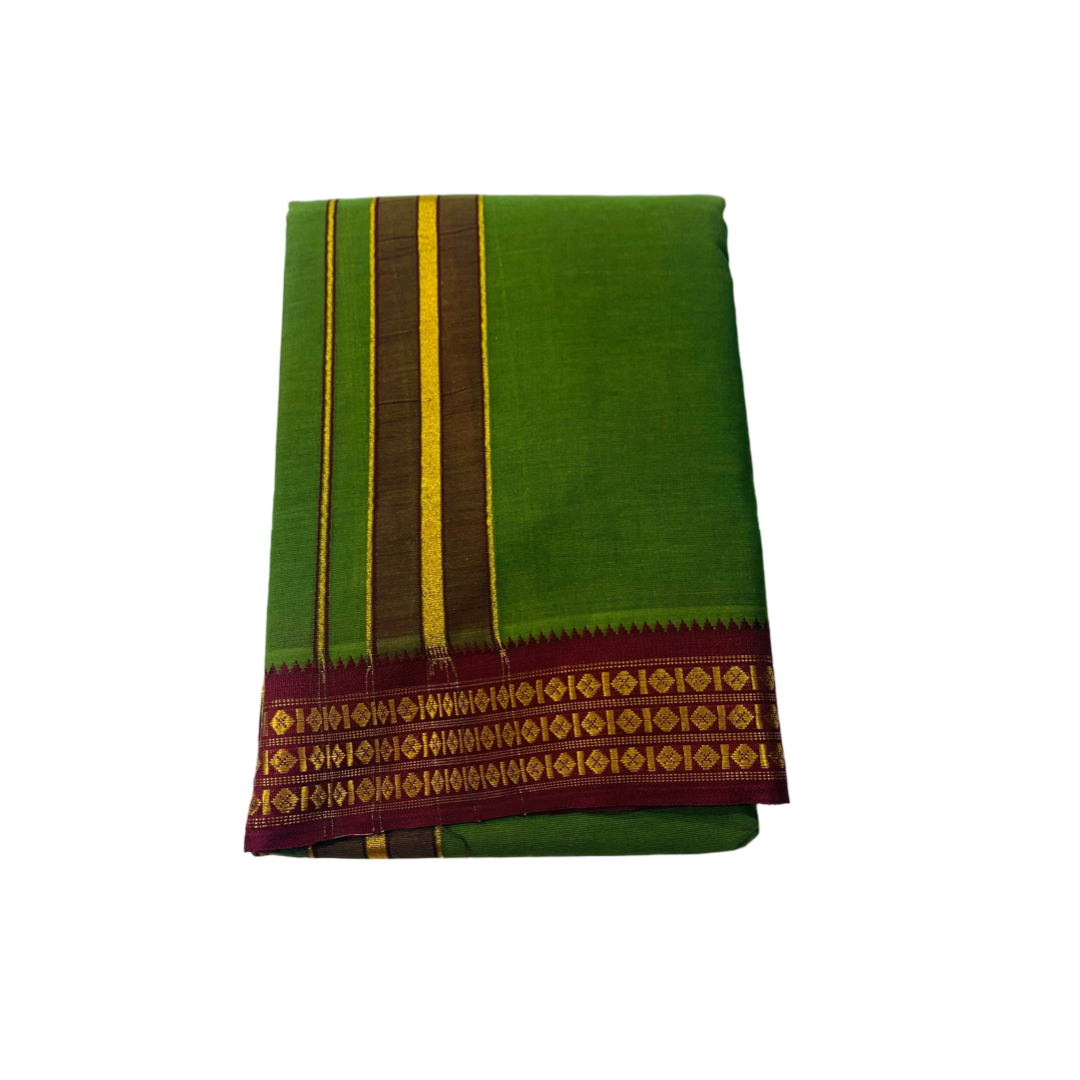 Green shade Cotton Dhoti with Border Maroon shade with diamond design.