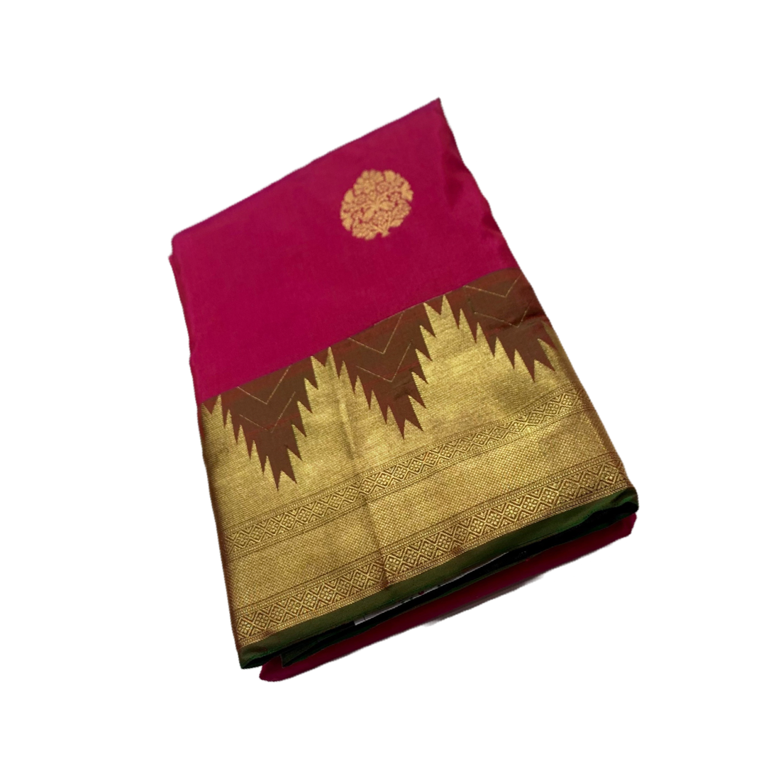 Pure kanchivaram Silk Saree Pink Colour with Dark Green with Gopuram  Border