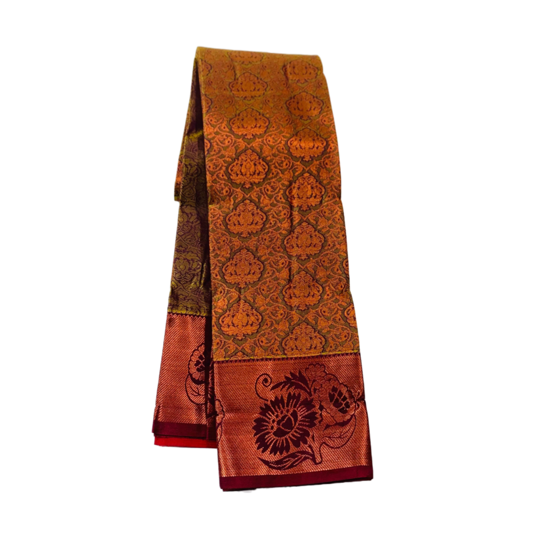 Vegan Silk Saree Elaichi Green  with Copper with Maroon with Sun flower design.