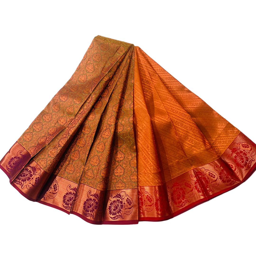 Vegan Silk Saree Elaichi Green  with Copper with Maroon with Sun flower design.