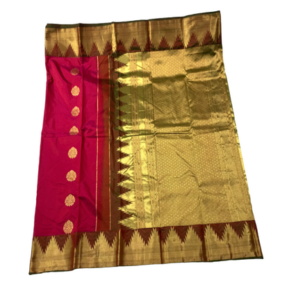 Pure kanchivaram Silk Saree Pink Colour with Dark Green with Gopuram  Border