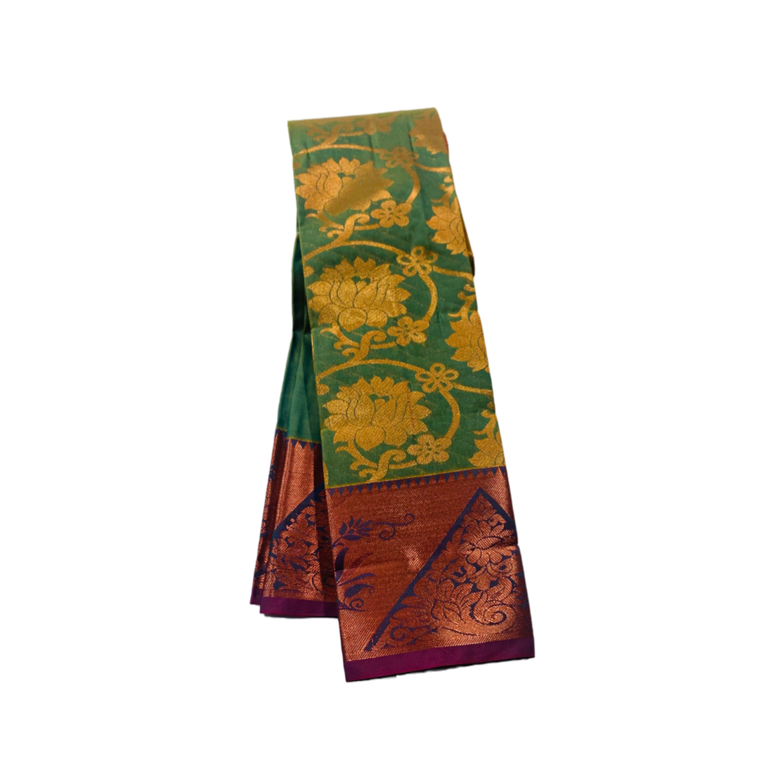 Vegan Silk Saree Green Colour  with Copper with Purple with flower design