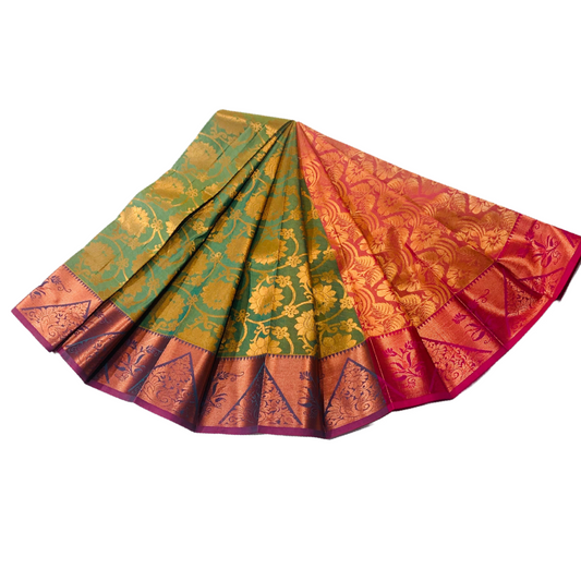 Vegan Silk Saree Green Colour  with Copper with Purple with flower design