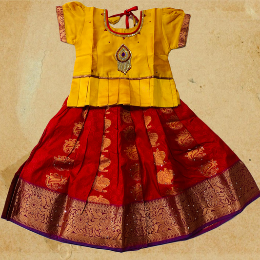 Ready To Wear Maroon Pavadai with contrast Golden Blouse - 2 Year Baby