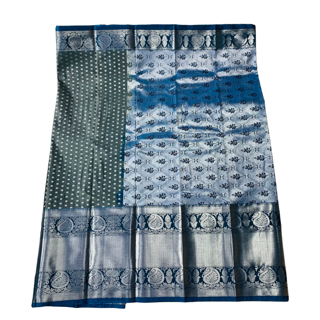 Vegan Silk Saree Gray shade with Blue  Border