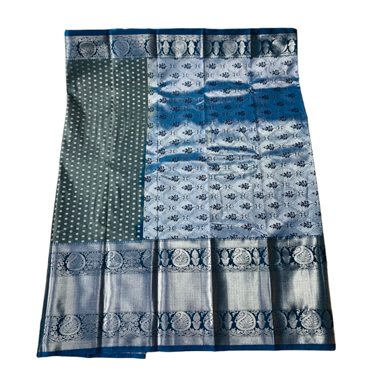 Gray shade Soft kanchi pattu with Blue  Border.