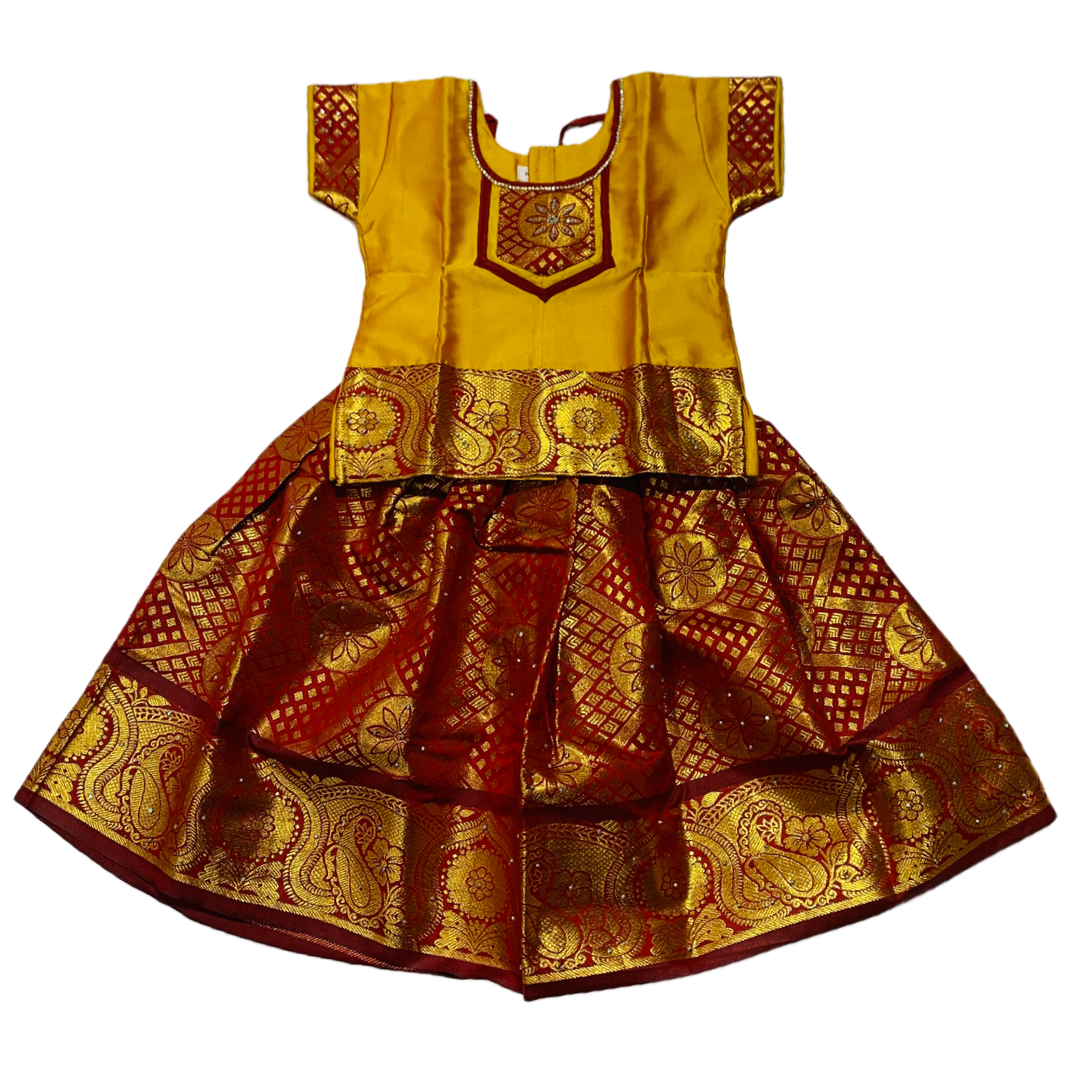 Ready To Wear Maroon Pavadai with contrast Golden Blouse - 2 Year Baby