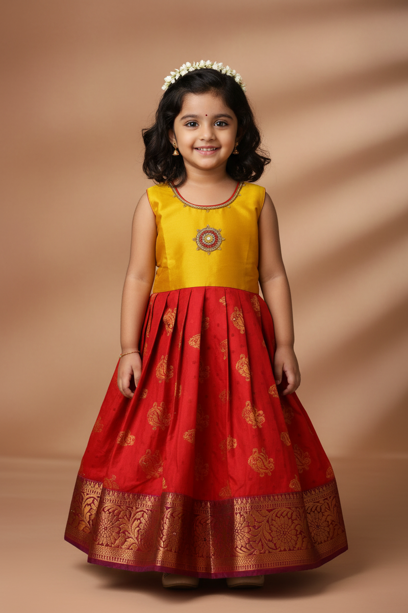 One Piece Ethnic Lehanga- Golden& Maroon-4 Year Baby