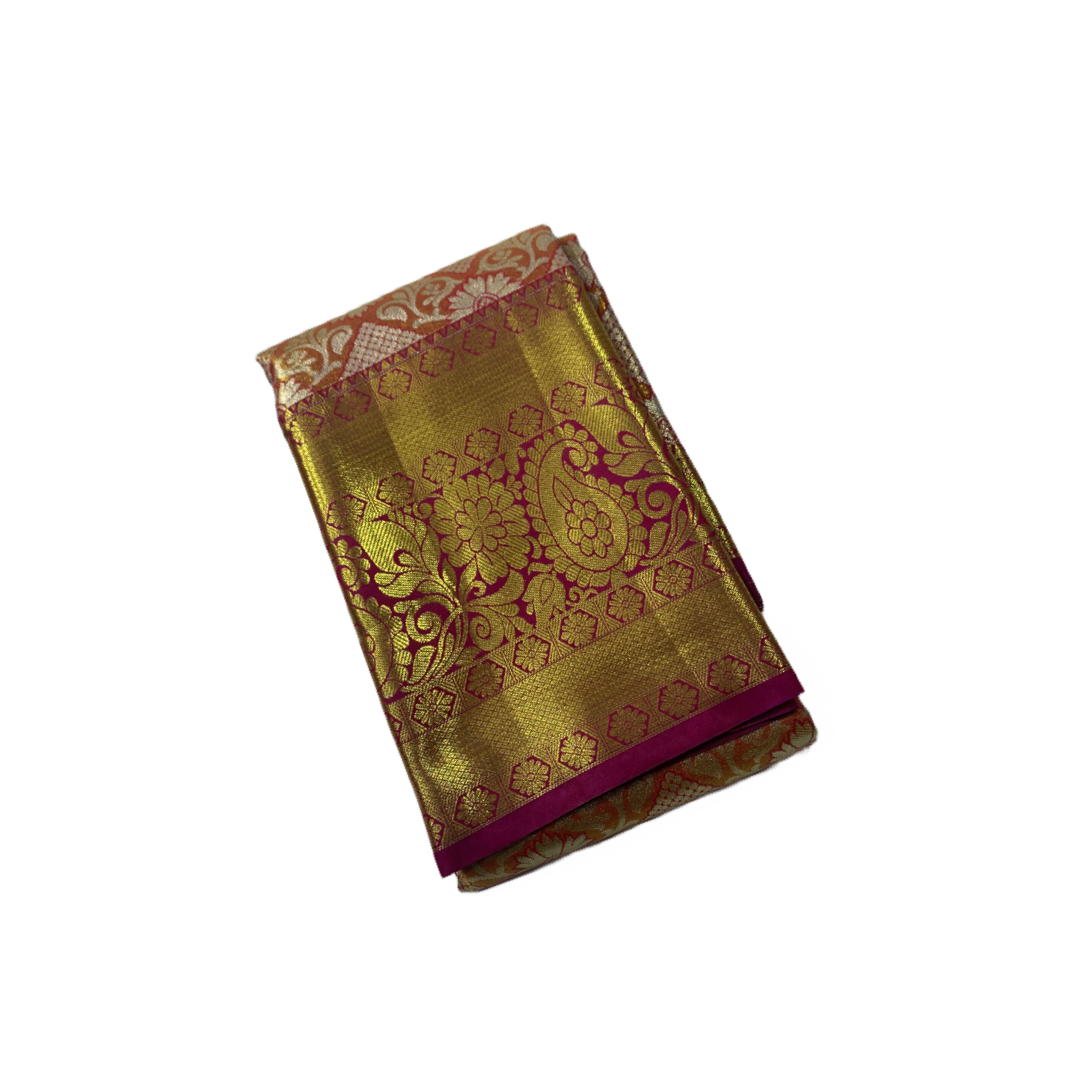 Vegan Silk Saree Golden Peach with Floral design.