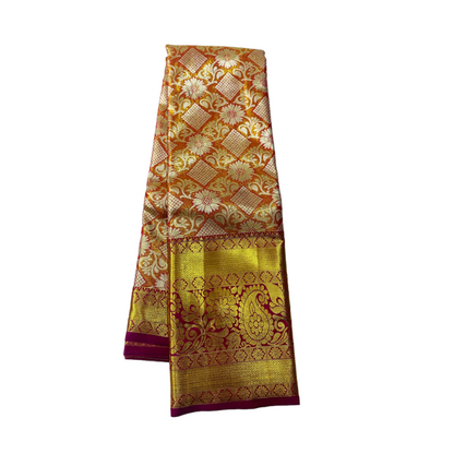 Vegan Silk Saree Golden Peach with Floral design.