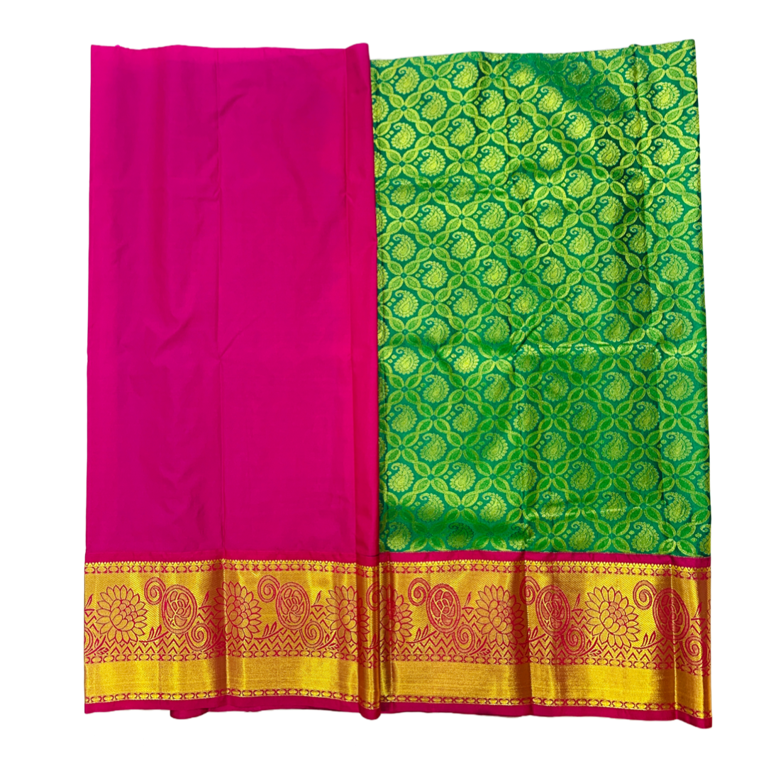 Green shade vegan silk Kids Pattu Pavadai with contrast border for age 5 to 10