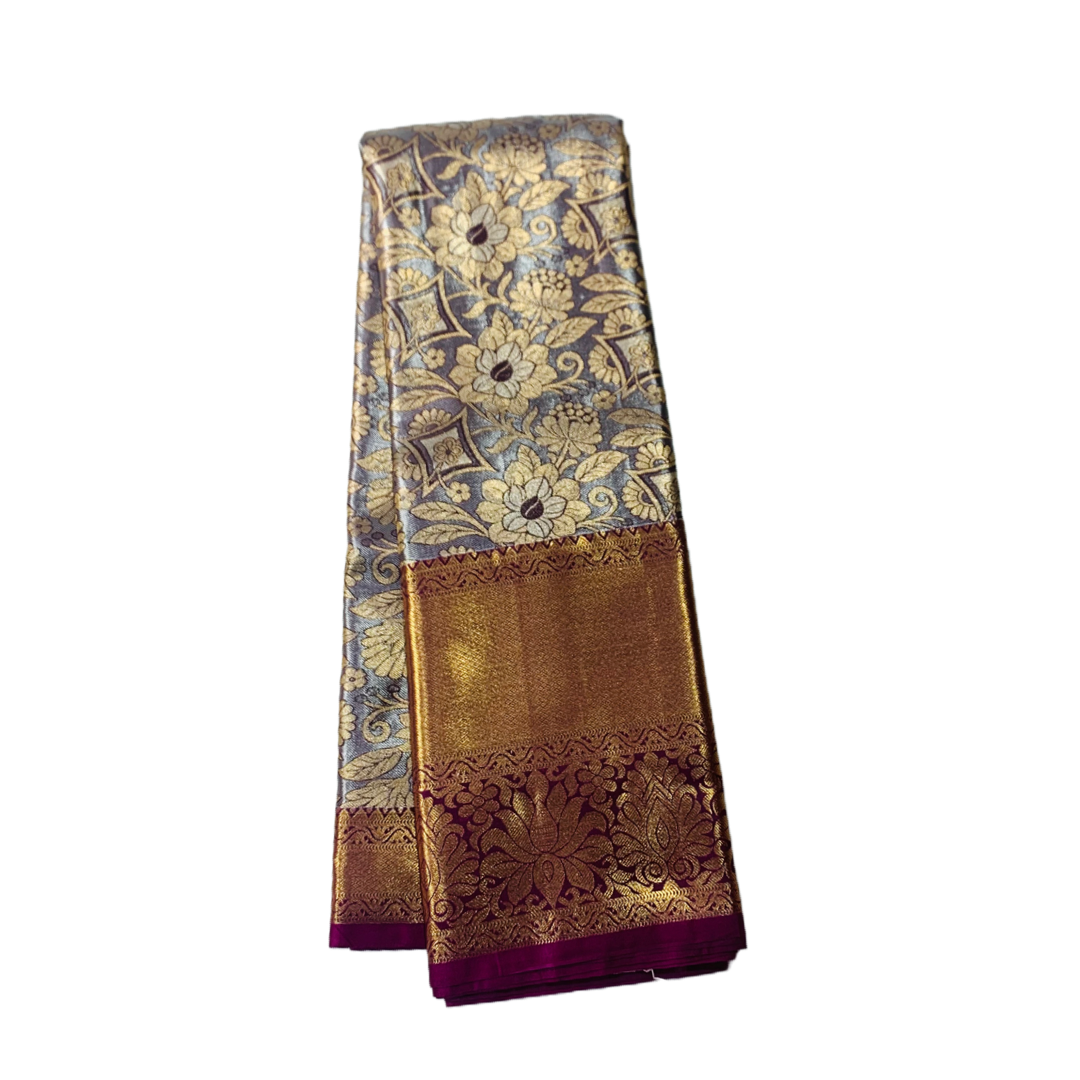 Vegan Silk Saree Golden Gray Colour with Floral design