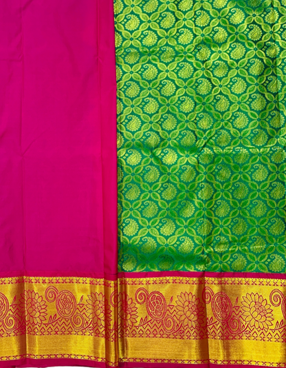 Green shade vegan silk Kids Pattu Pavadai with contrast border for age 5 to 10