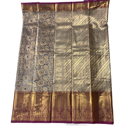 Vegan Silk Saree Golden Gray Colour with Floral design