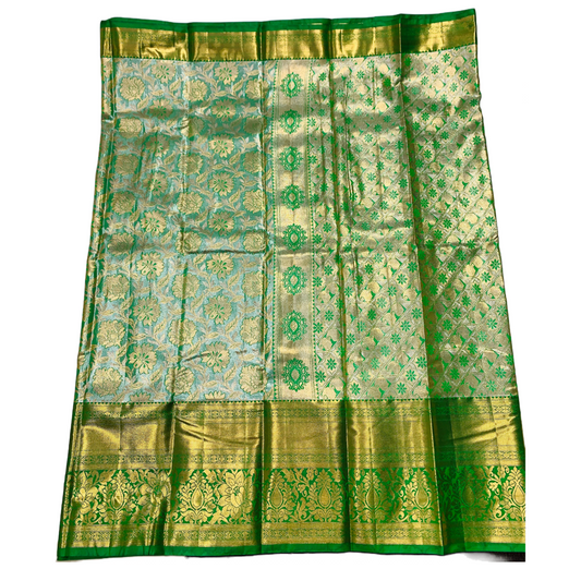 Golden Light Green shade Soft kanchi pattu with Golden Border Flower Design