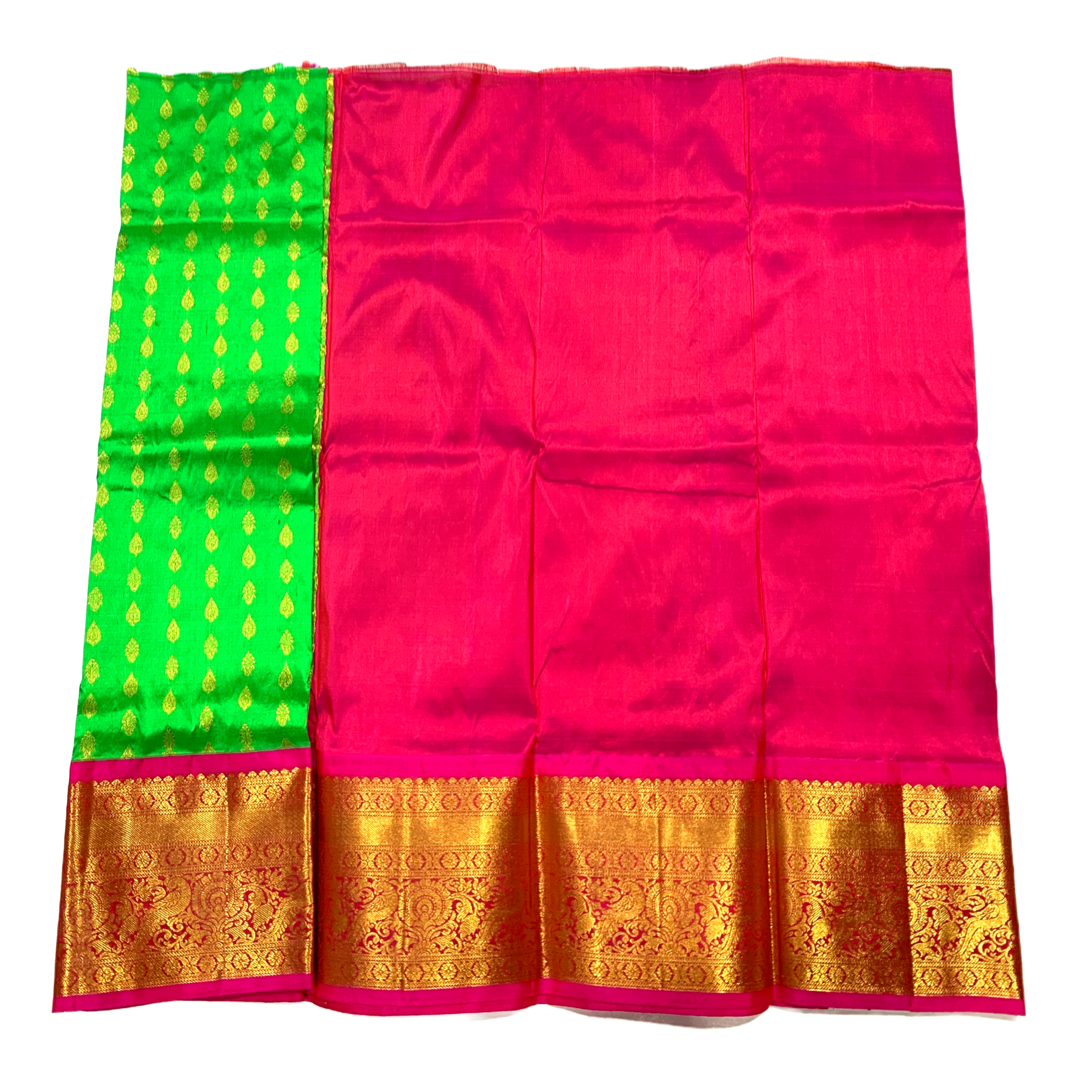 Light Green shade Pure Kanchipuram Kids Pattu Pavadai with Contrast border for age 2 to 5