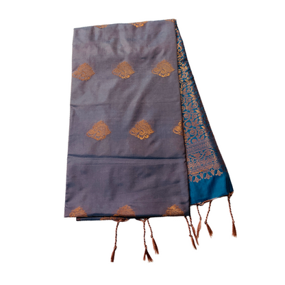 Soft Vegan Silk Saree Gray Colour with Blue Pallu