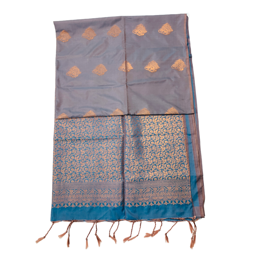 Soft Vegan Silk Saree Gray Colour with Blue Pallu