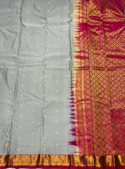 Gray shade Semi Silk Saree with Pink Border with Mango and Flower Design