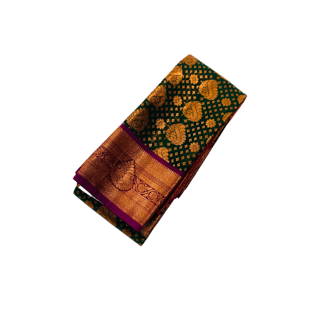 Green  Shade Soft kanchi pattu with Copper and Purple Border.