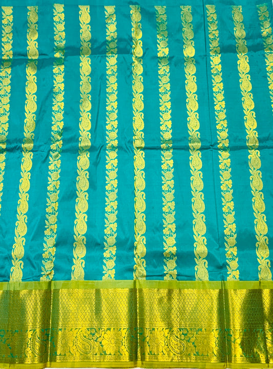 Green shad Pure Kanchipuram Kids Pattu Pavadai with Contrast border for age 5 to 10