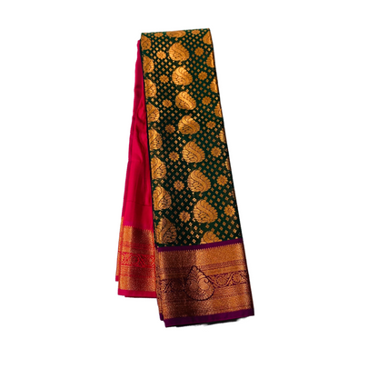 Green  Shade Soft kanchi pattu with Copper and Purple Border.