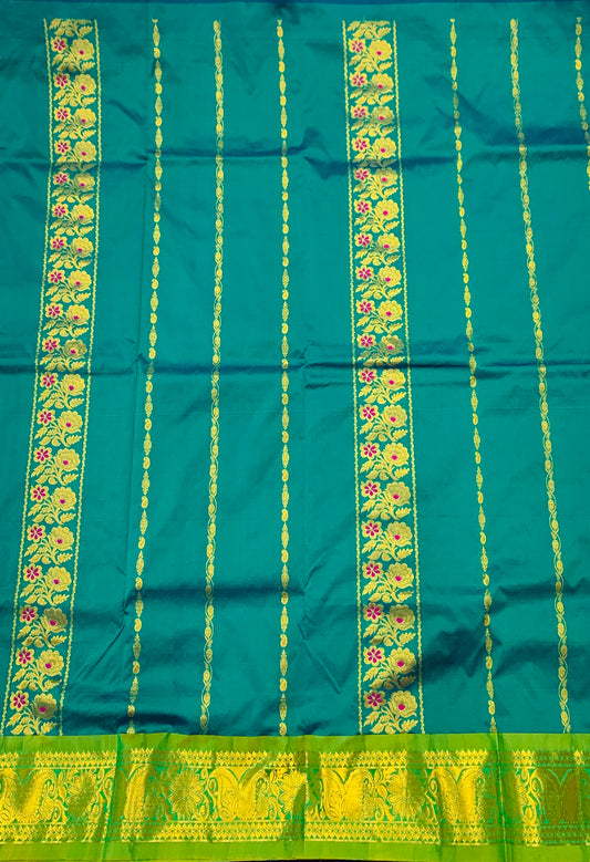 Green shade vegan silk Kids Pattu Pavadai with Contrast border with Mango and  Flower design(Size-20) Above 10years