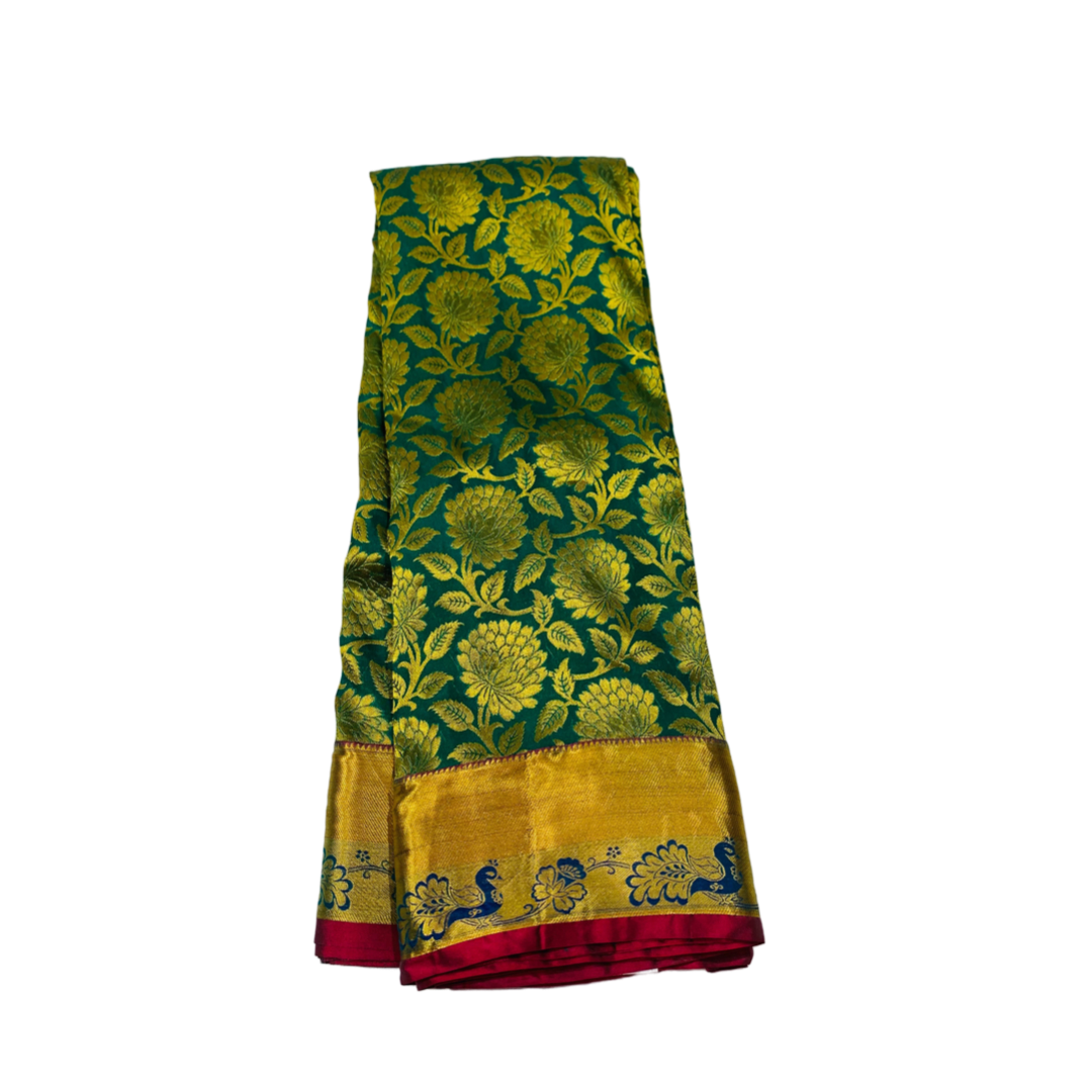 Green shade Semi Silk Saree with  Maroon  with Peacock  design border.