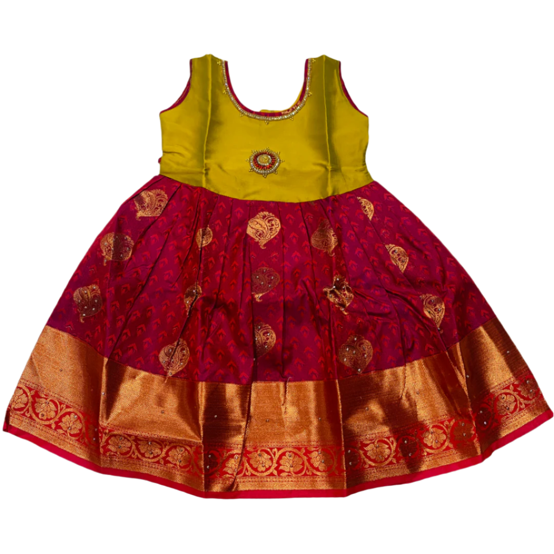 One Piece Ethnic Lehanga- Green & Maroon-4 Year Baby