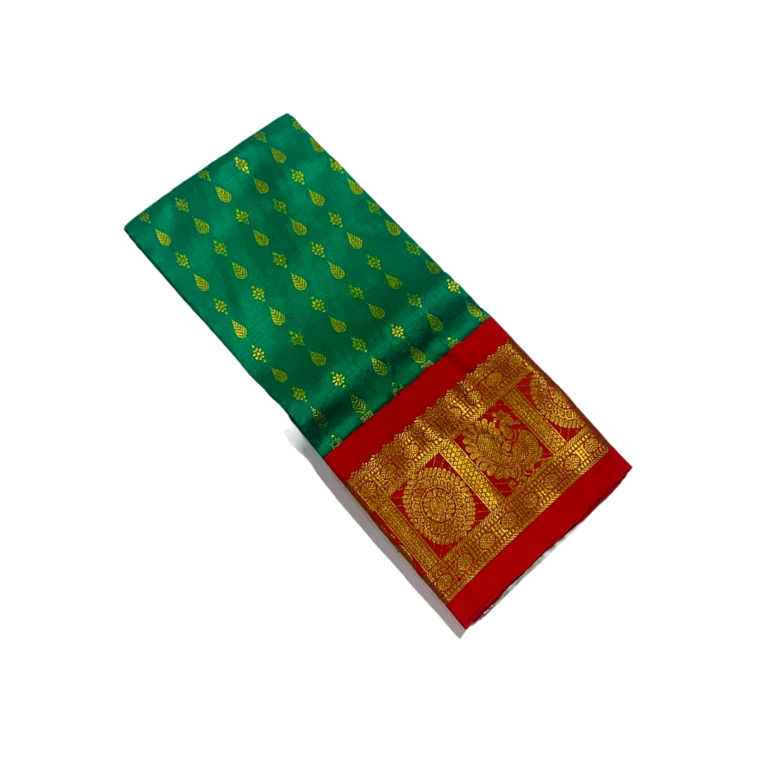 Green shade Pure Kanchipuram Kids Pattu Pavadai with contrast border for newborn to 2 Years