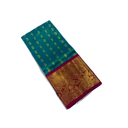 Green shade Pure Kanchipuram Kids Pattu Pavadai with contrast border for age 5 to 10