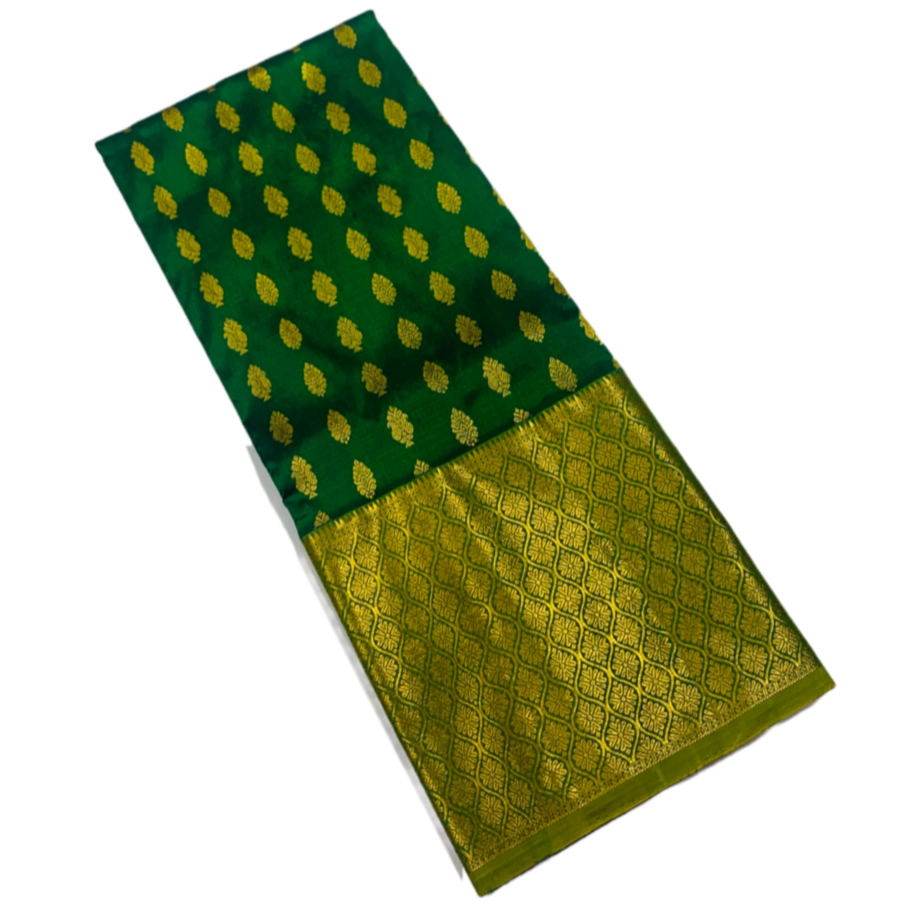 Green shade Pure Kanchipuram Kids Pattu Pavadai with contrast border for age 5 to 10