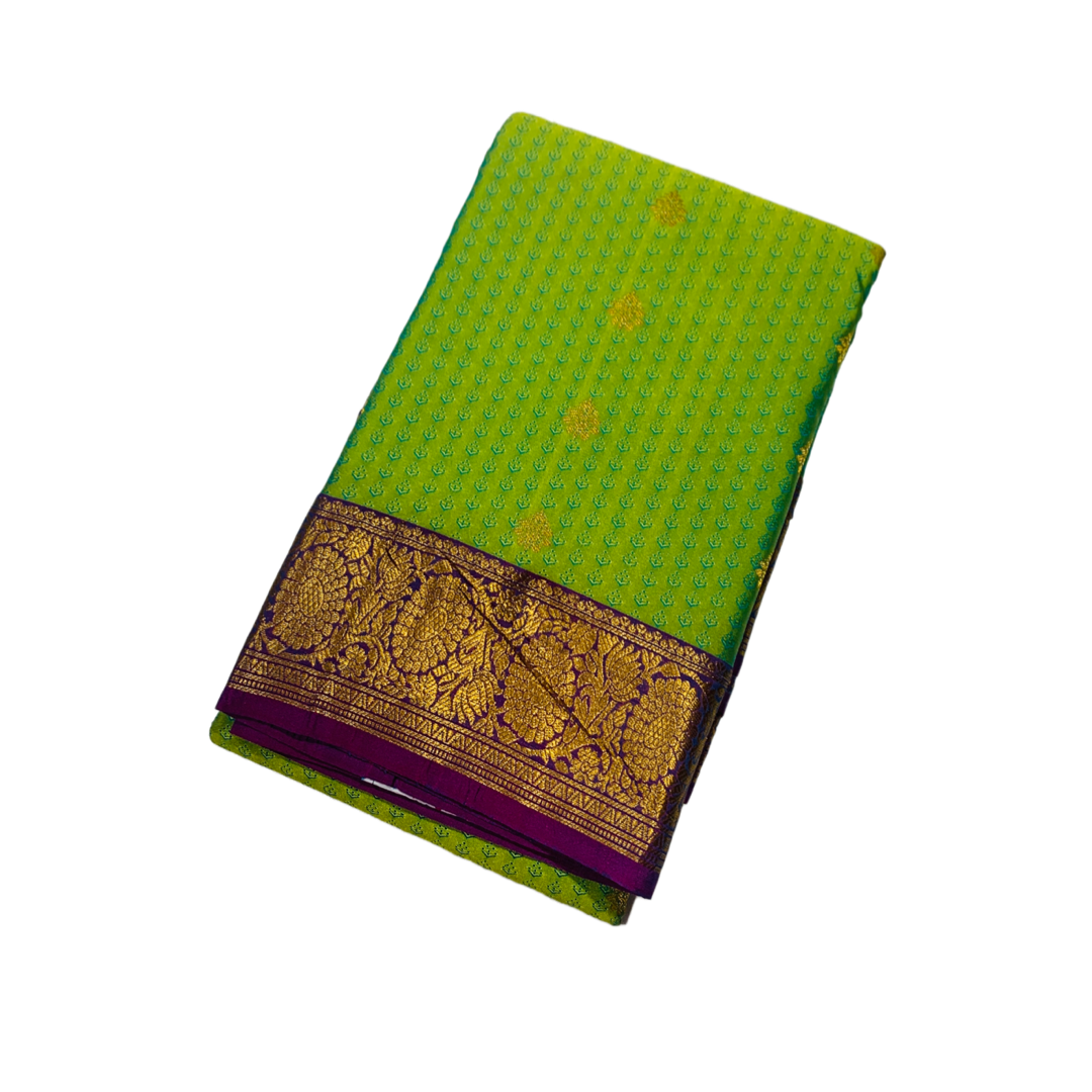 Green shade Semi Silk Saree with Purple Border with Floral Design