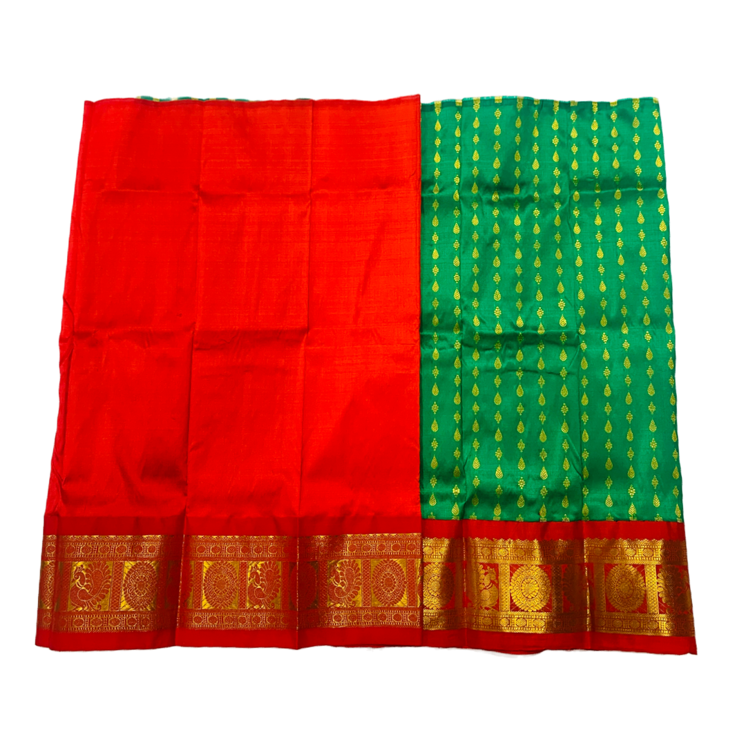 Green shade Pure Kanchipuram Kids Pattu Pavadai with contrast border for newborn to 2 Years