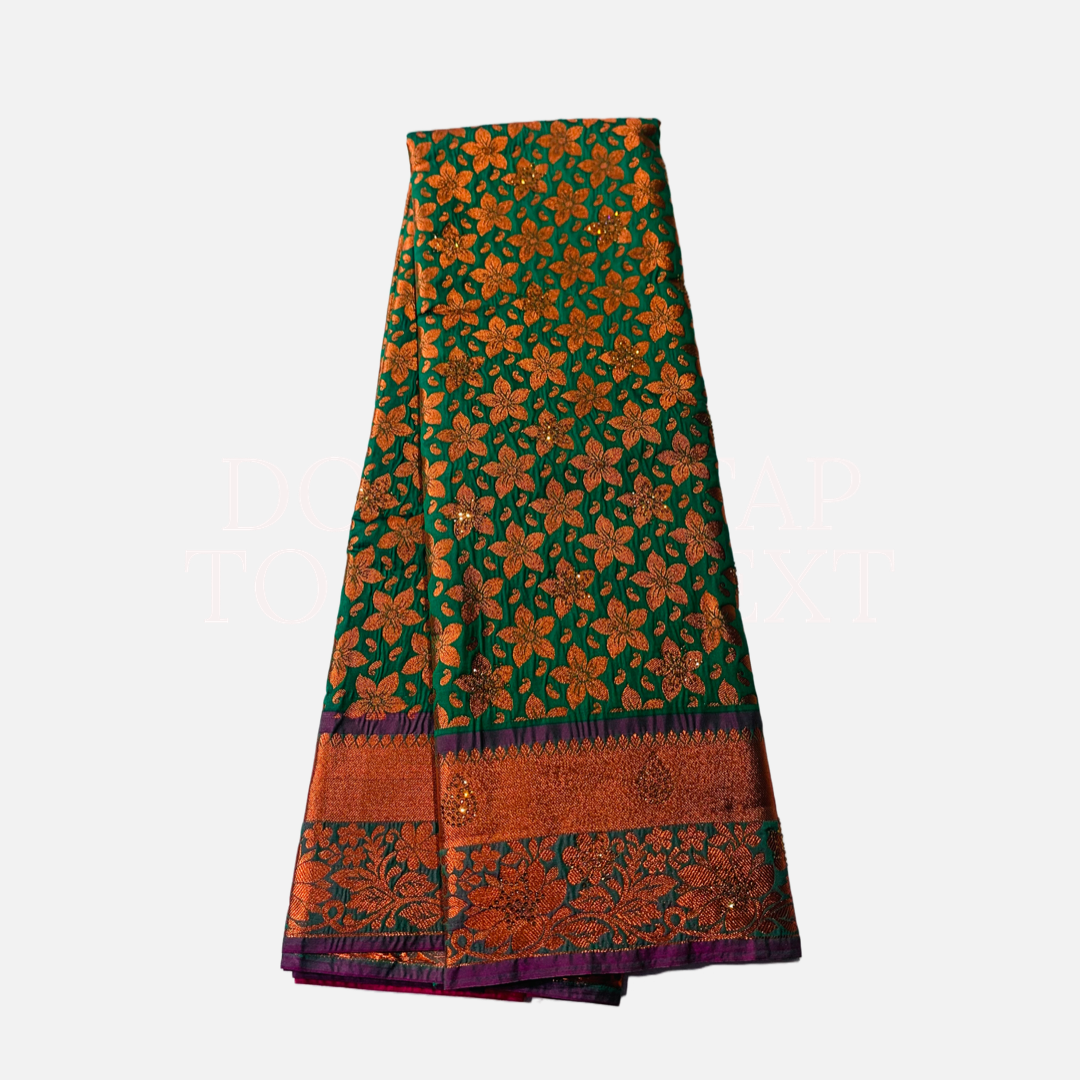 Vegan Silk Saree Green Shade with Flower design with Unstitched blouse in Aari work