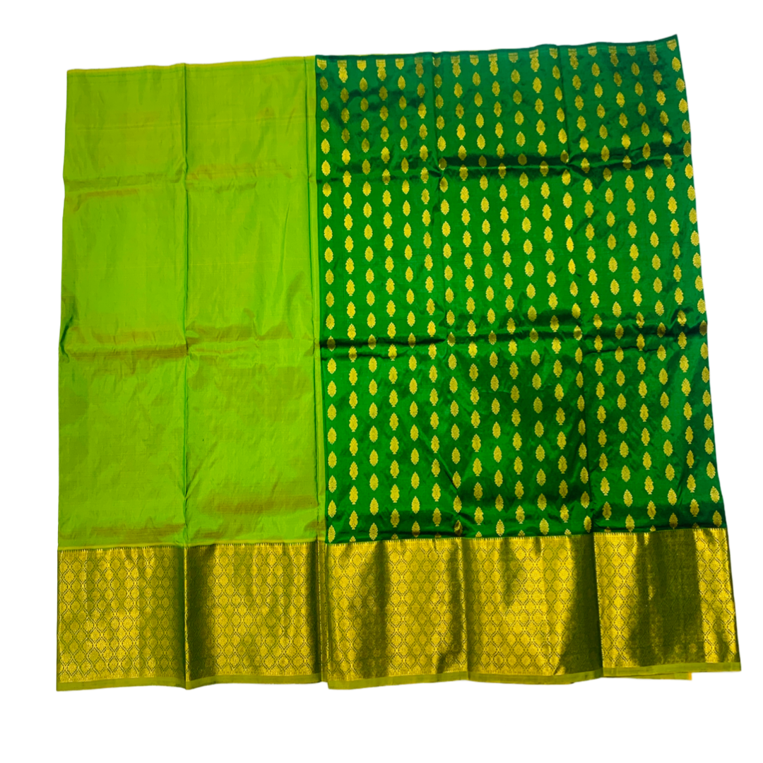 Green shade Pure Kanchipuram Kids Pattu Pavadai with contrast border for age 5 to 10