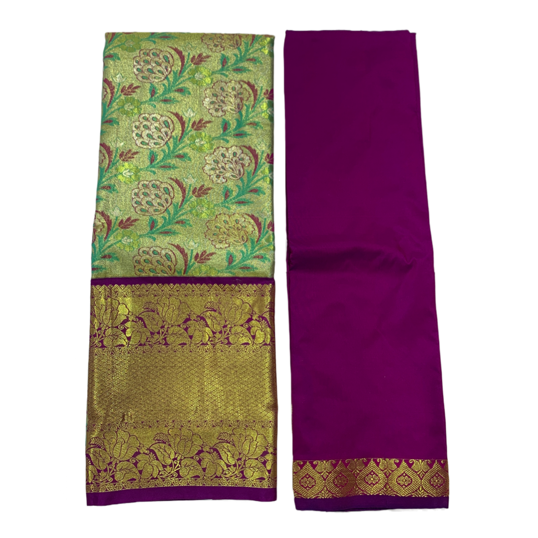 Green Shade Vegan Silk Half Saree Contrast Border (Above 10 years )