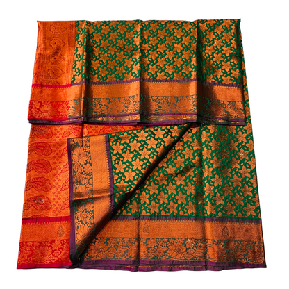 Vegan Silk Saree Green Shade with Flower design with Unstitched blouse in Aari work