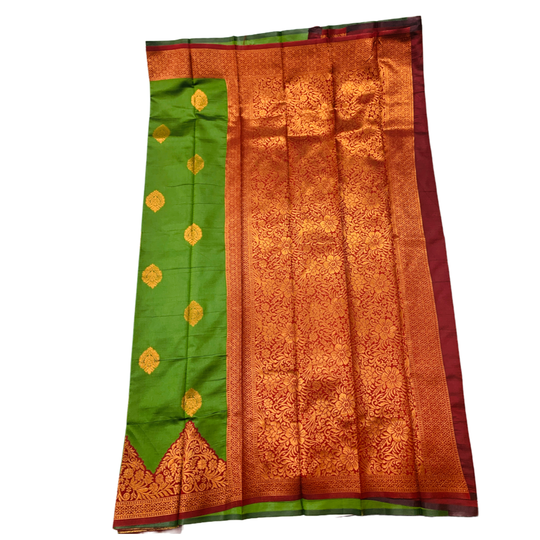 Green shade saree with Copper Border with flower design