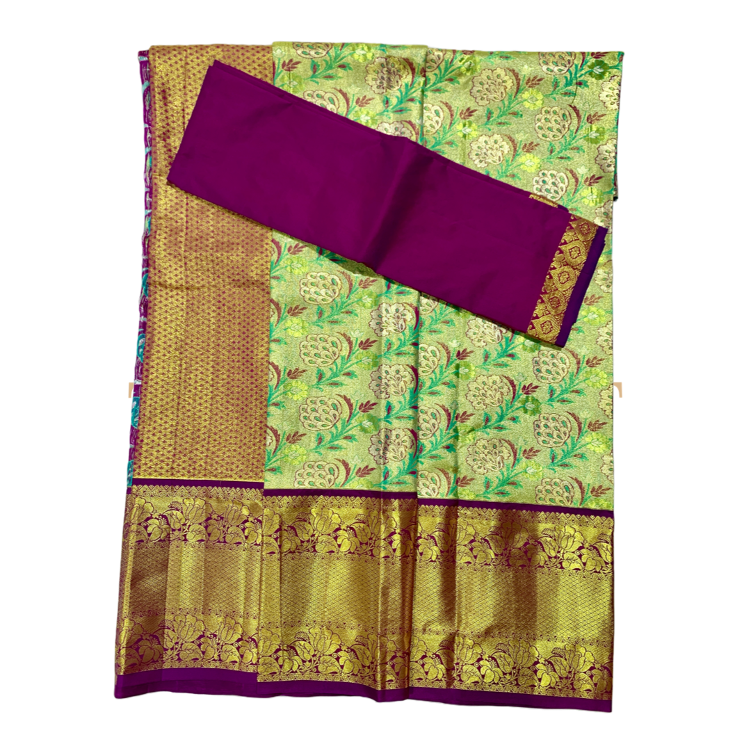 Green Shade Vegan Silk Half Saree Contrast Border (Above 10 years )